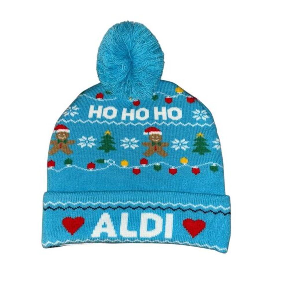 Aldi Gear Blue Holiday Christmas Lights Gingerbread Winter Beanie Hat One Size